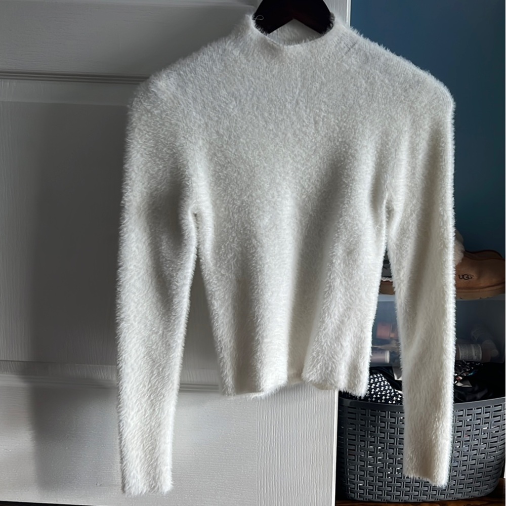 Aritzia White Fuzzy Turtleneck Sweater